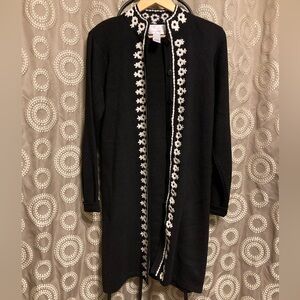 Susan Graver Black Cardigan with White Floral Trim